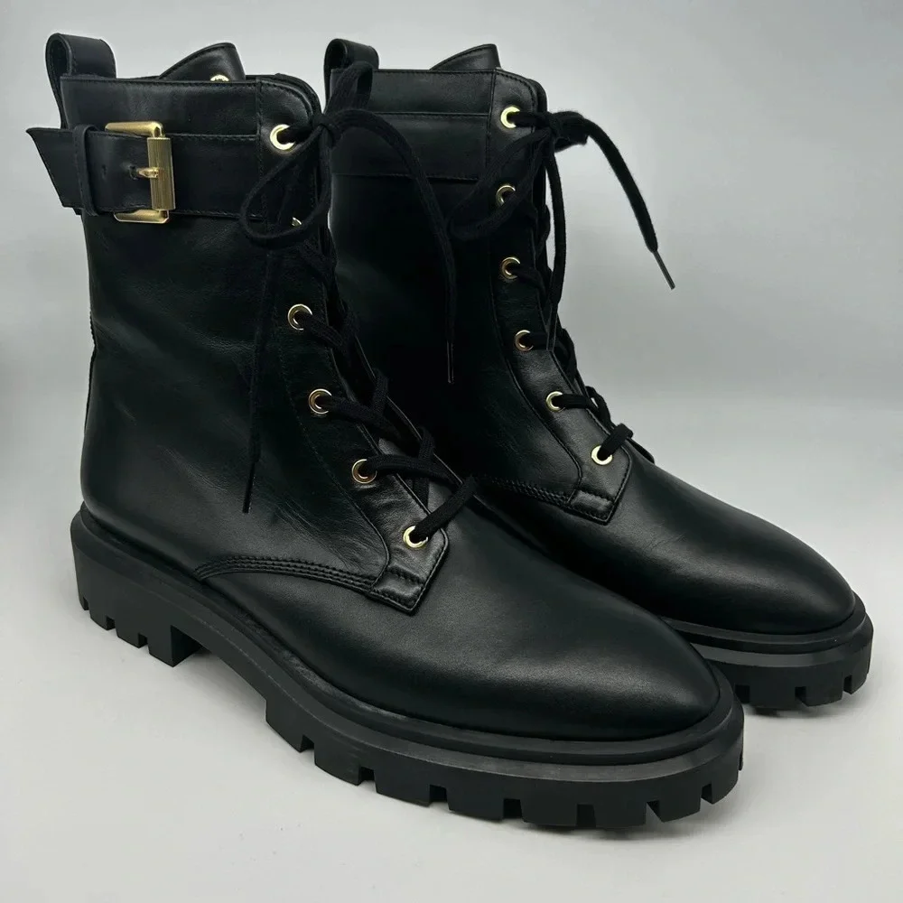 Stuart Weitzman Ultra Lug Black Combat boots Gold Buckles size 10.5 new